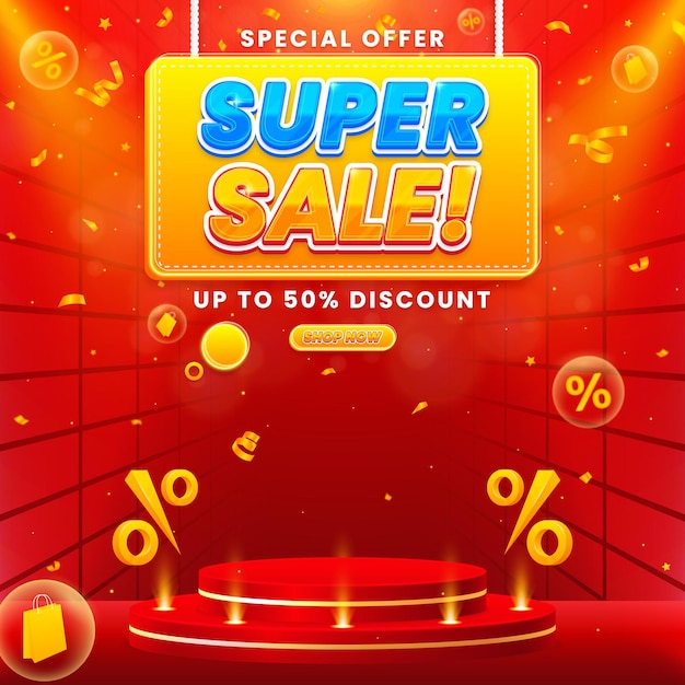 Realistic super sale special offer banner template design background with podium
