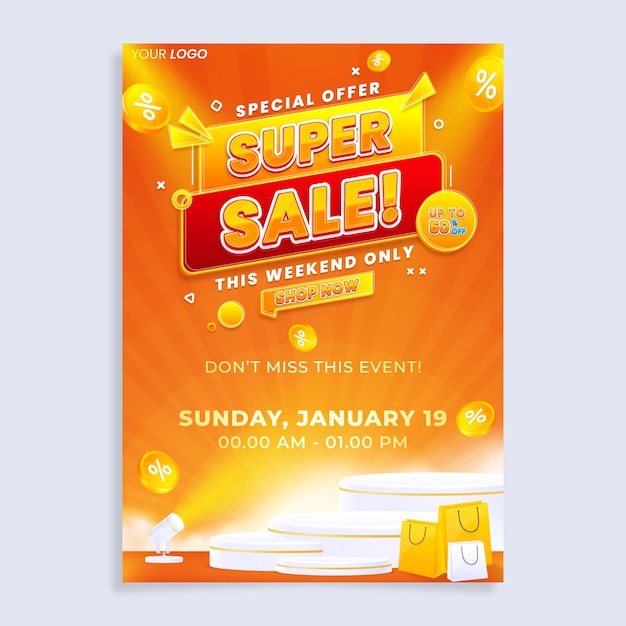 Realistic super sale vertical poster flyer design template with podium