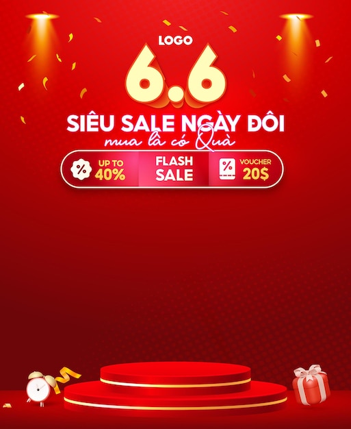 Red themed 66 super sale banner with podium and gift box decoration
