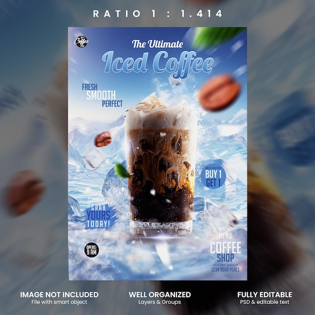 Refreshing ice cold coffee splash promotion flyer template