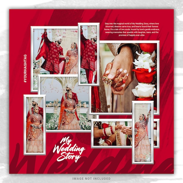 Romantic couple and wedding invitation social media post template with photo frame