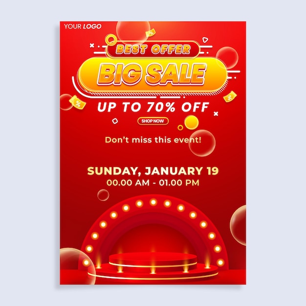 Sale vertical poster flyer design template with podium isolated on abstract background