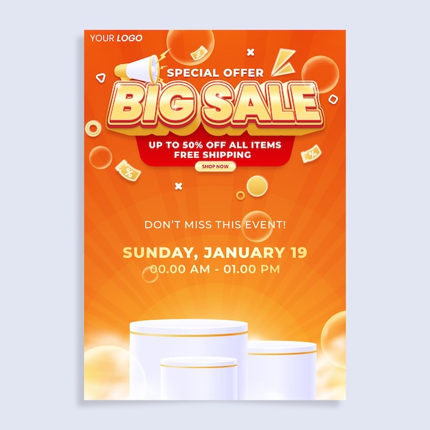 Sale vertical poster flyer design template with podium isolated on abstract background