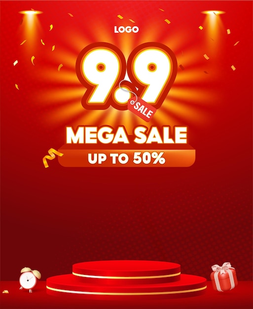 September 9 mega sale banner with red background and spotlight effects