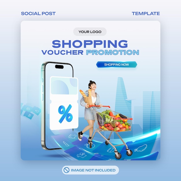 Shopping cart with smartphone and voucher discount social media post