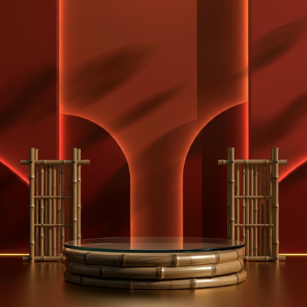 Sleek bamboo podium with glass top and abstract vietnamese colors modern and elegant