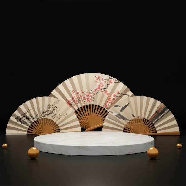 Smooth marble podium with vietnamese folding fans simple and elegant midautumn design