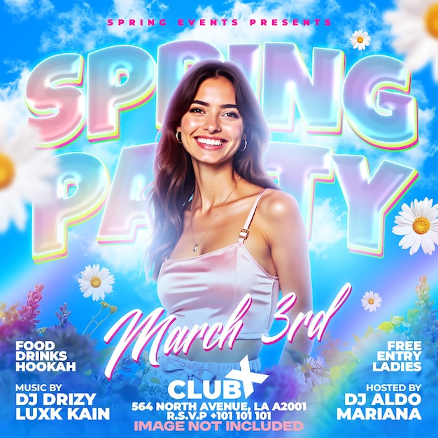 Spring party event flyer with dj lineup and free entry for ladies