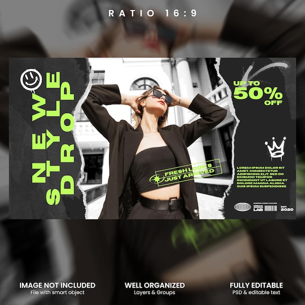 Street style clothing promo banner design template for digital marketing