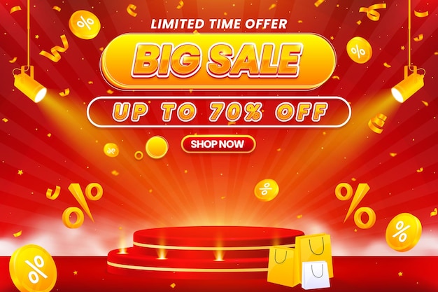 Stylish big sale promo banner design featuring podium and lighting effects