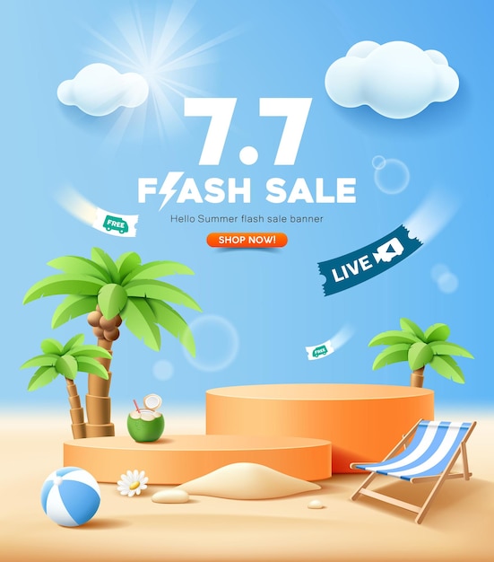 Summer sale orange podium display coconut trees pile of sand beach chair and beach ball poster