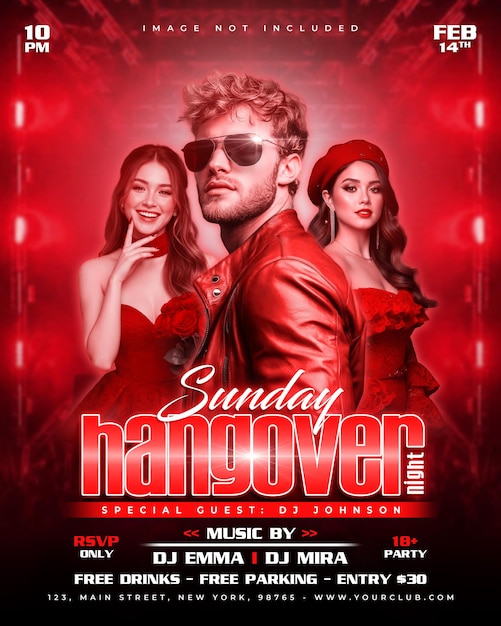 Sunday hangover night party flyer with djs and red theme