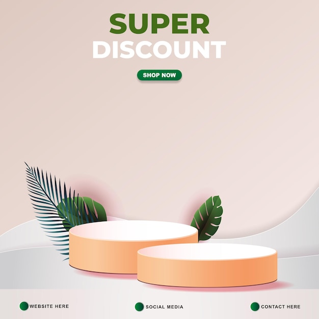 Super discount sale template banner with copy space 3d podium for product sale with abstract gradient pink background design