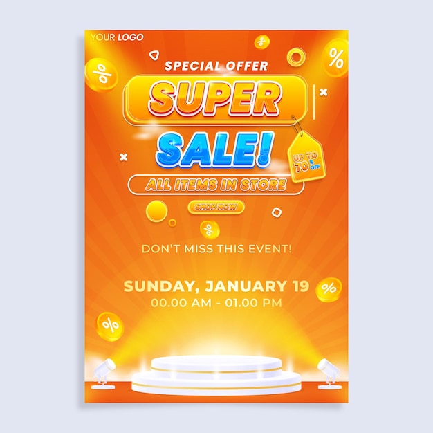 Super sale vertical poster flyer design template with podium isolated on abstract background