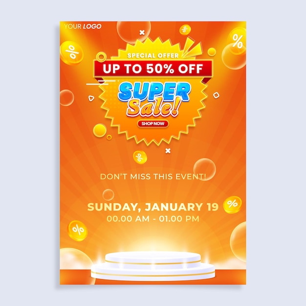 Super sale vertical poster flyer design template with podium isolated on abstract background