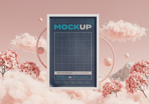 Surreal pink scene verical frame poster mockup