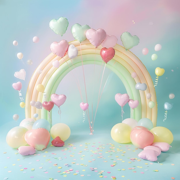 The image depicts a cheerful and whimsical scene with a pastelcolored rainbow arching across the ba
