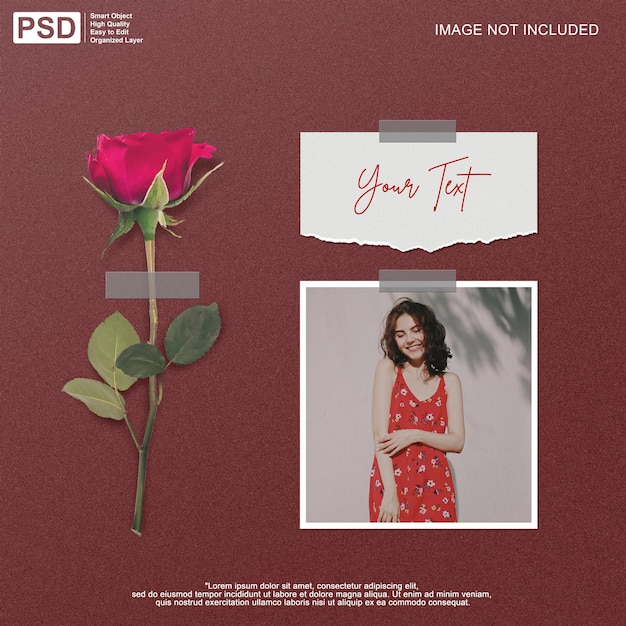 Torn paper with photo frame on flower background mockup