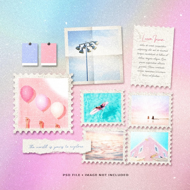 Travel photos paper film frame pastel collage moodboard mockup