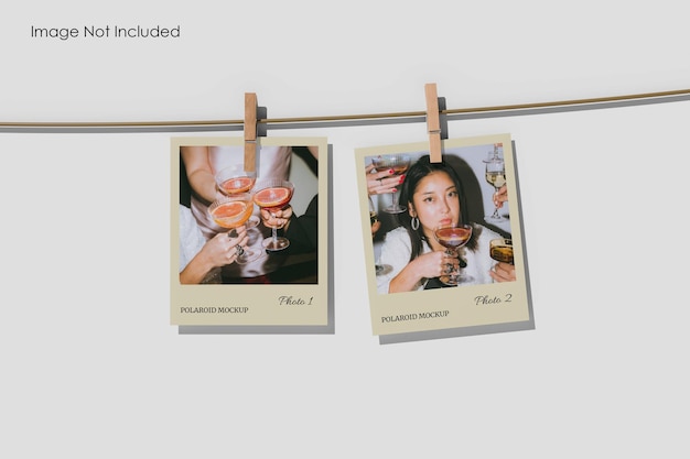 Two instant photos of people with cocktails hanging on a string