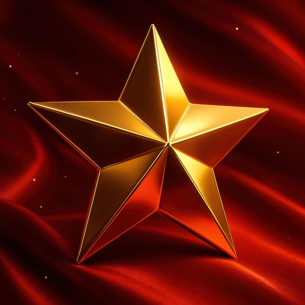 Ultra realistic 3d golden star on red silk fabric with festive glow