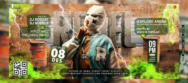 Urban music event flyer with balaclava-clad performer
