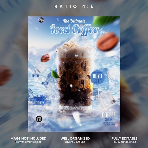 Vertical refreshing cold coffee shop menu green portrait design
