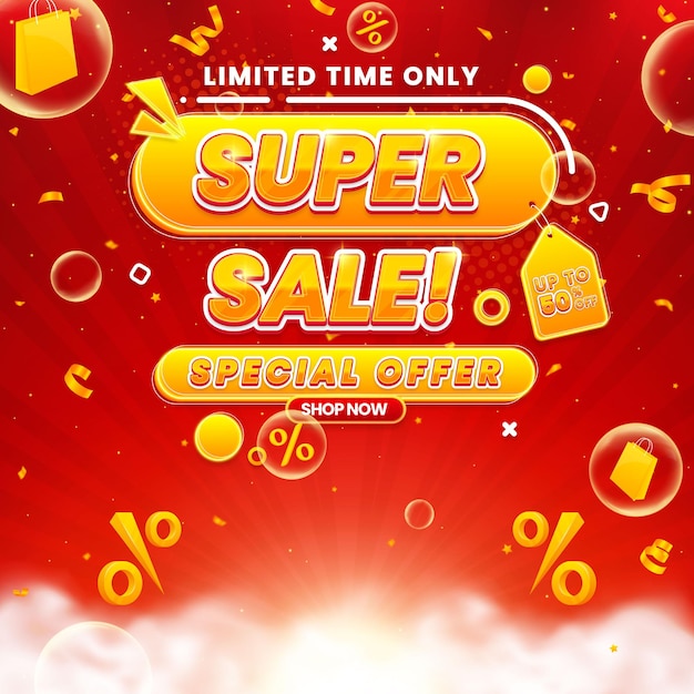 Vibrant super sale promo template featuring lighting and abstract elements