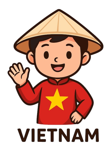 Vietnamese boy in traditional ao dai and conical hat