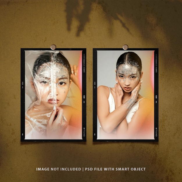 Vintage portrait photo paper filmstrip frame mockup