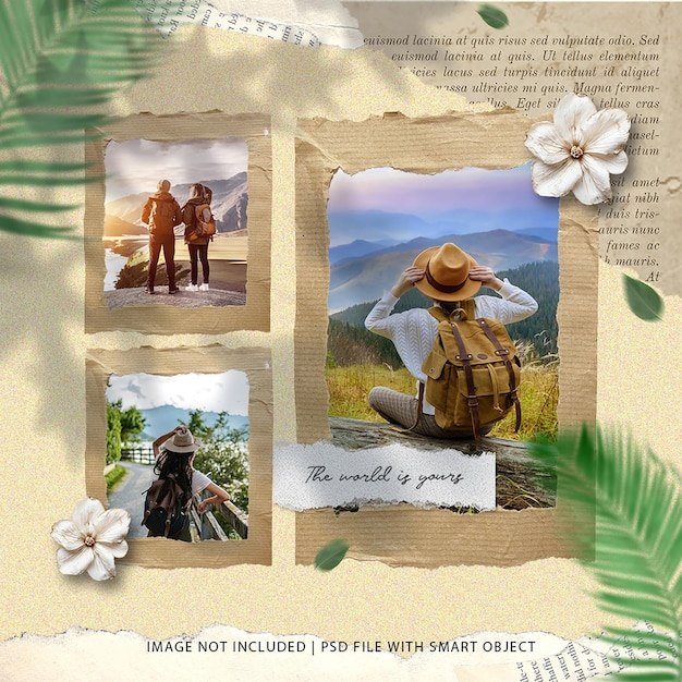 Vintage travel moment photo frame moodboard mockup set
