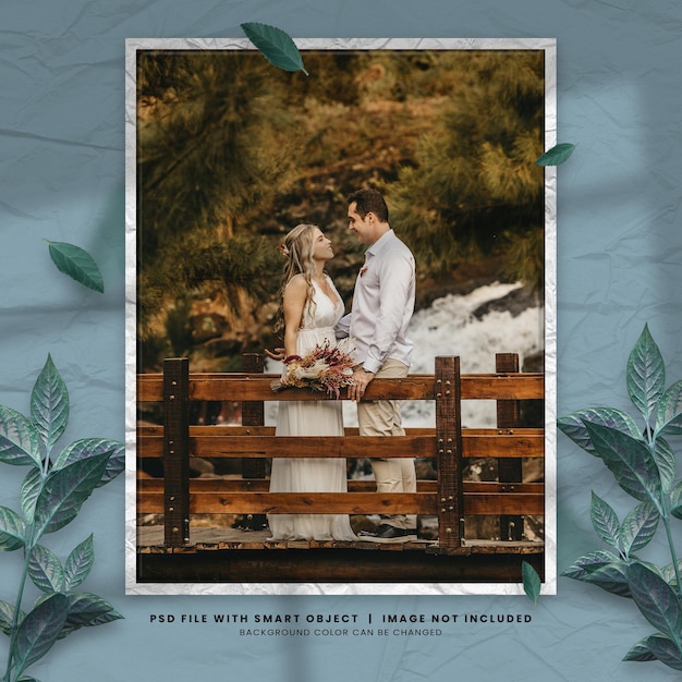 Wedding memories photo mockup template with leaves