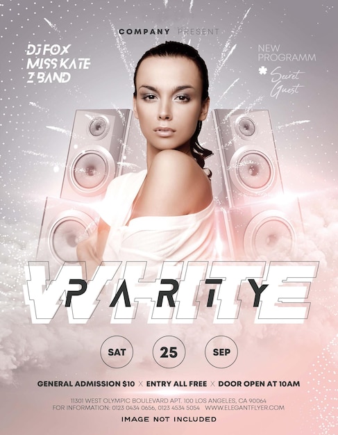 White party event flyer with dj lineup and guest poster design