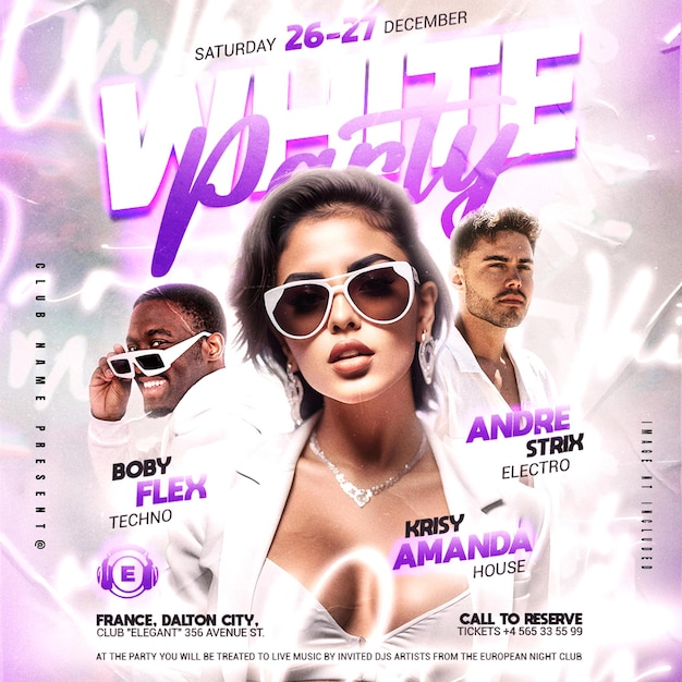 White party event flyer with djs and neon accents instagram post template design