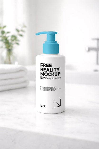 White pump bottle mockup on a marble bathroom counter