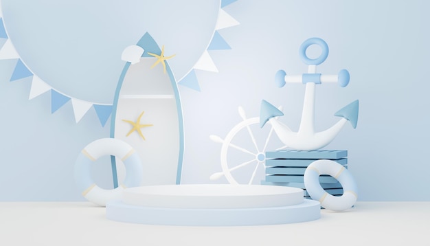 3d render summer sale podium stand for showing product beach vacations scene in summer for mock up