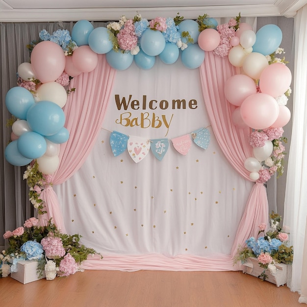 A beautifully decorated nurserythemed backdrop with a welcome baby banner and balloons3
