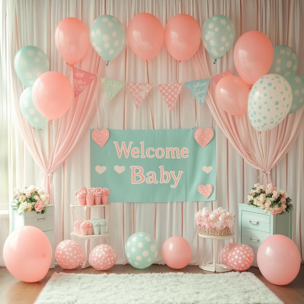 A beautifully decorated nurserythemed backdrop with a welcome baby banner and balloons4