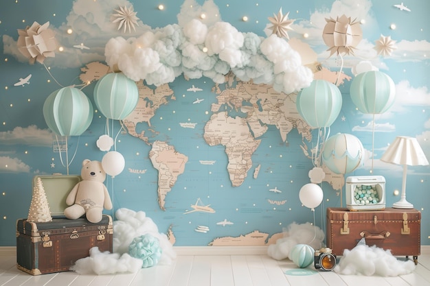 A blue and white room with a map of the world and a teddy bear