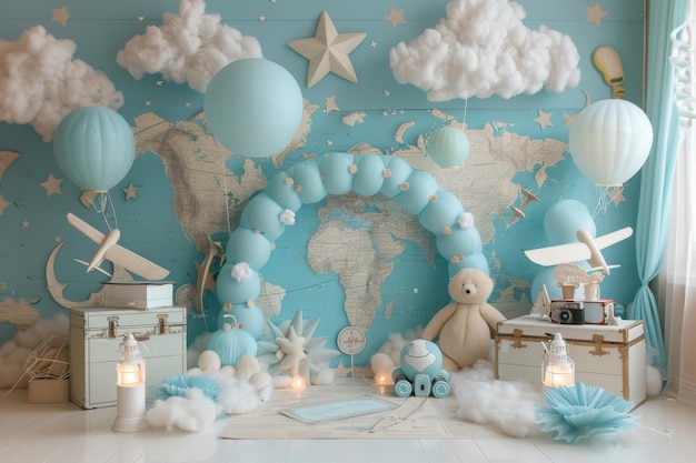 A blue and white room with a map on the wall and a teddy bear on the floor