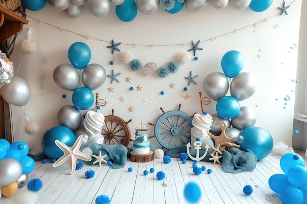 A blue christmas theme with a bunch of balloons and a blue ribbon