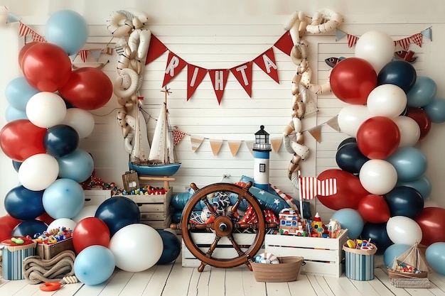 A boat is in a room with balloons and a sign that says  the birthday