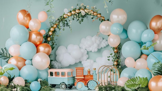 A close up of a birthday party with balloons and a train generative ai