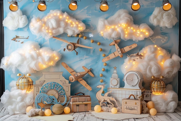 A collection of toy planes and a clock on a wall