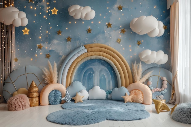 A colorful room with a rainbow balloon arch and a couch celebrate party backdrop