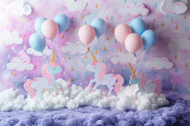 A painting of balloons and a horse with the words  unicorn  on it