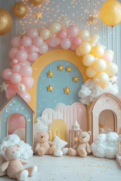 A pink and white room with a pink archway and a pink and white teddy bear