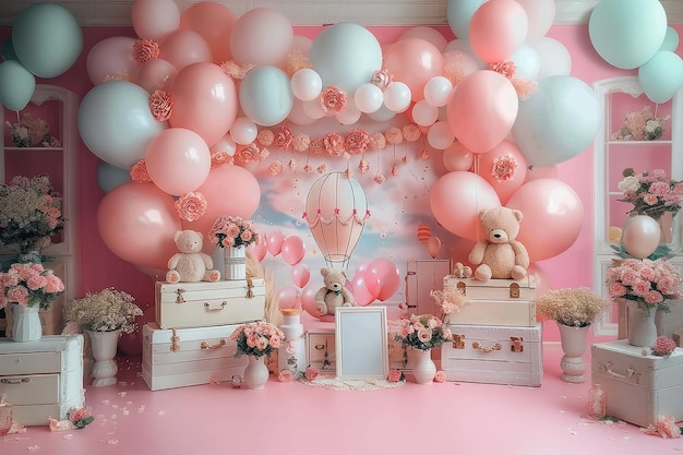 A pink and white room with balloons and a teddy bear on the top