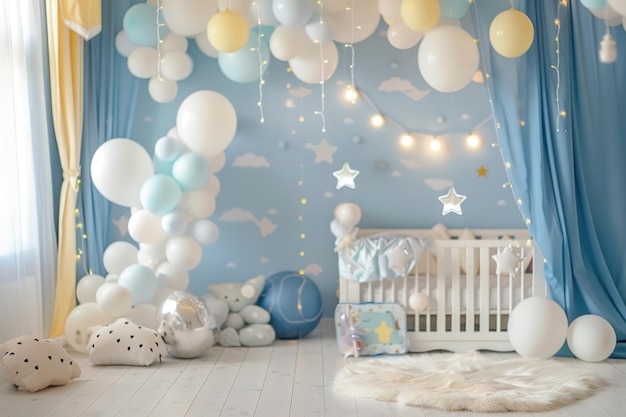 A room decorate for baby welcoming event with balloons furniture nursery architecture
