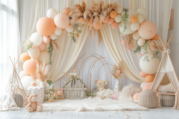 A room decorated with orange balloons and teddy bears